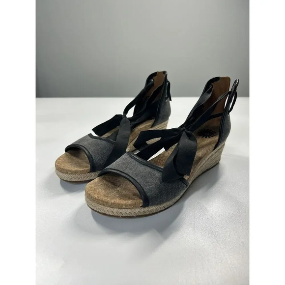 UGG Shoes Women’s 8 Espadrille Ribbon Tie Sandals Wedge Open Toe Cork Canvas - Picture 1 of 7